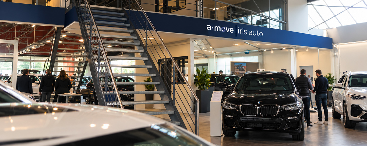 A‑Move / Iris Auto — habillage du showroom Habillage aux couleurs A‑Move et Iris Auto dans le showroom automobile.