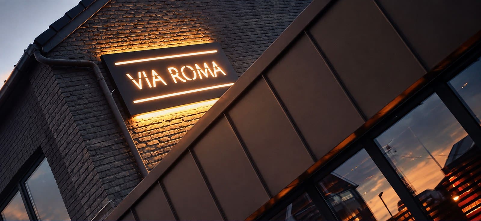 up-via-roma-test2-hero Enseigne lumineuse Via Roma sur la façade du restaurant à Rocourt.