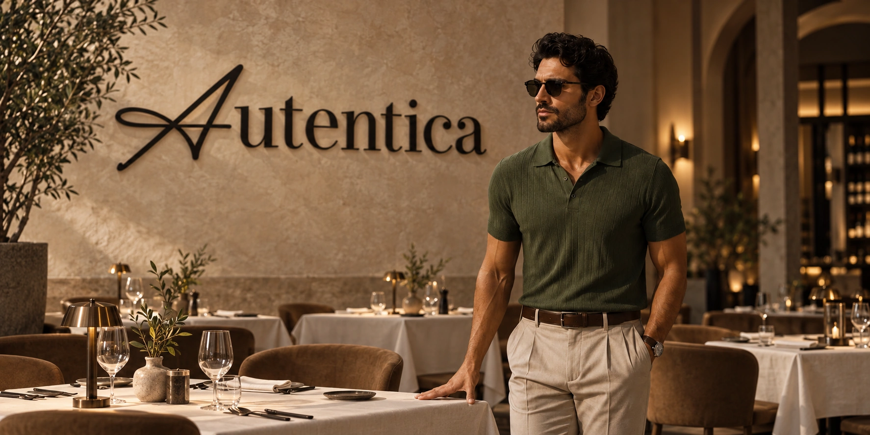 Ambiance du restaurant Autentica : homme au premier plan et signature noire sur le mur.
