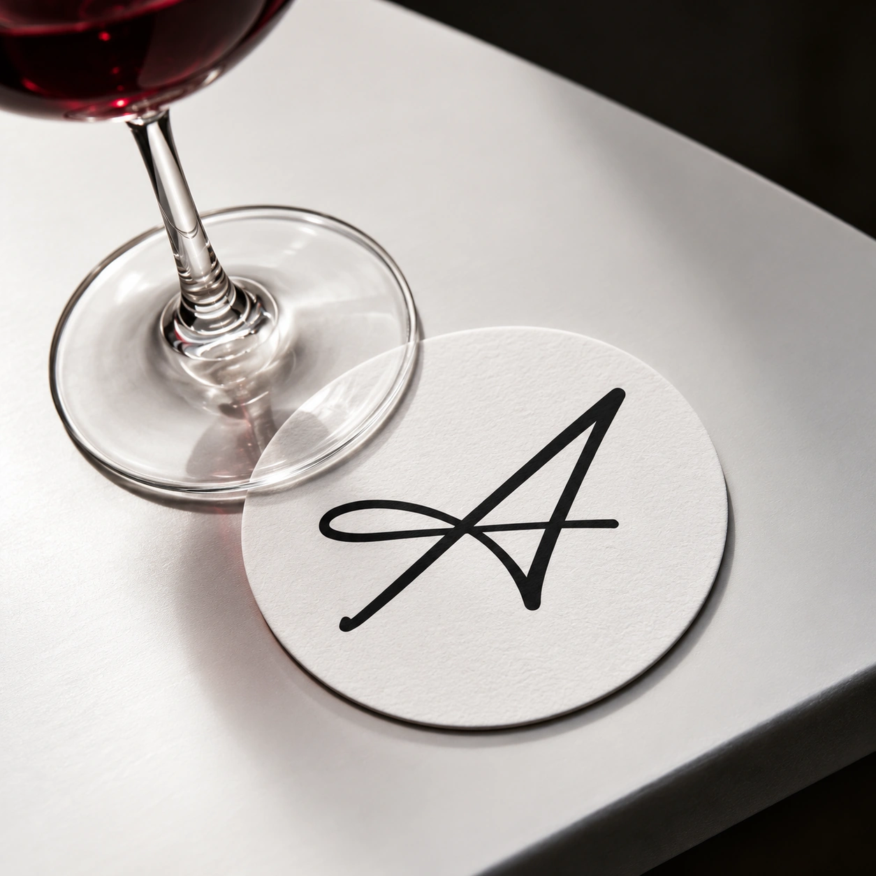 Verre de vin sur un sous-verre blanc signé du A d’Autentica.