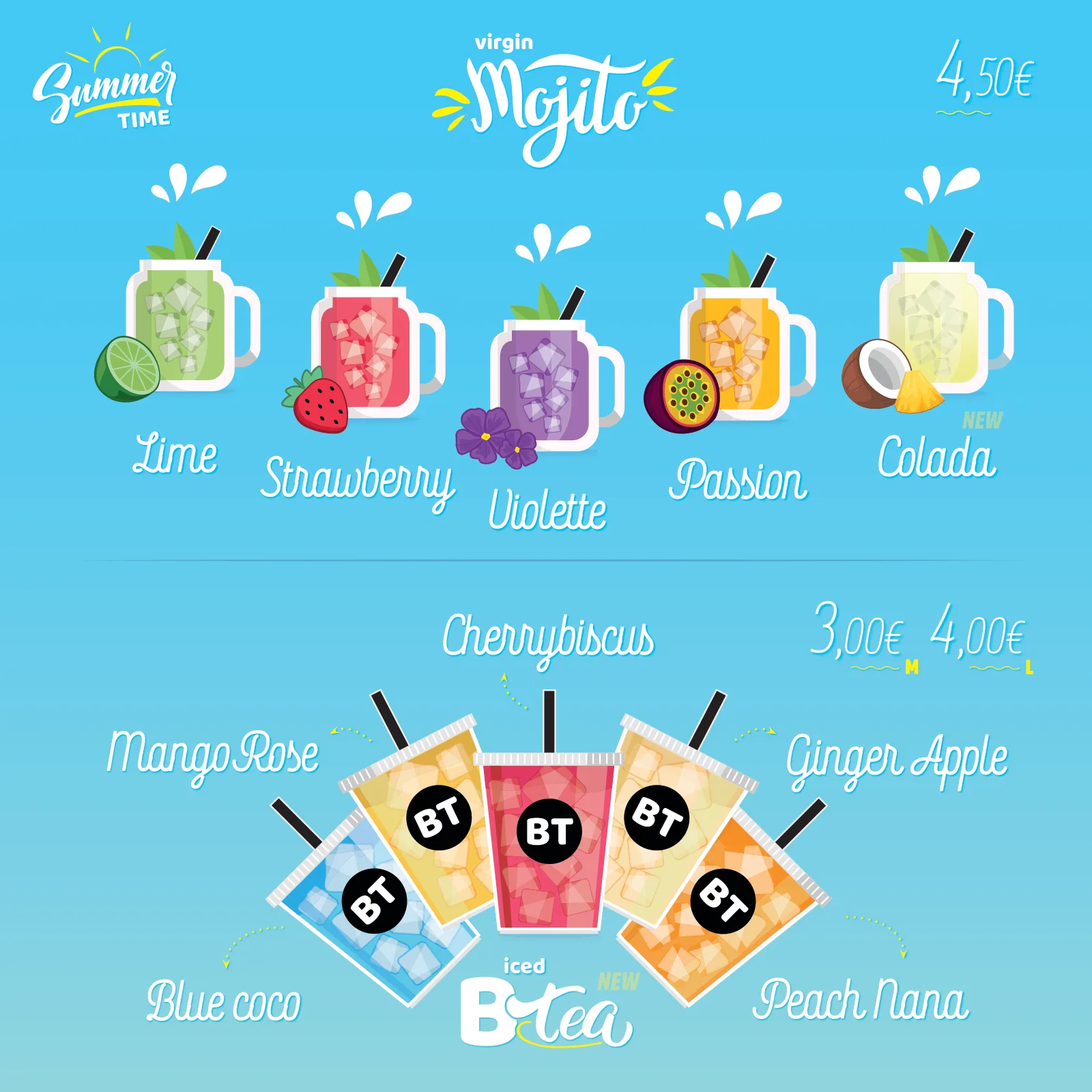Menu d’été — fichier de création original, illustrations et composition.