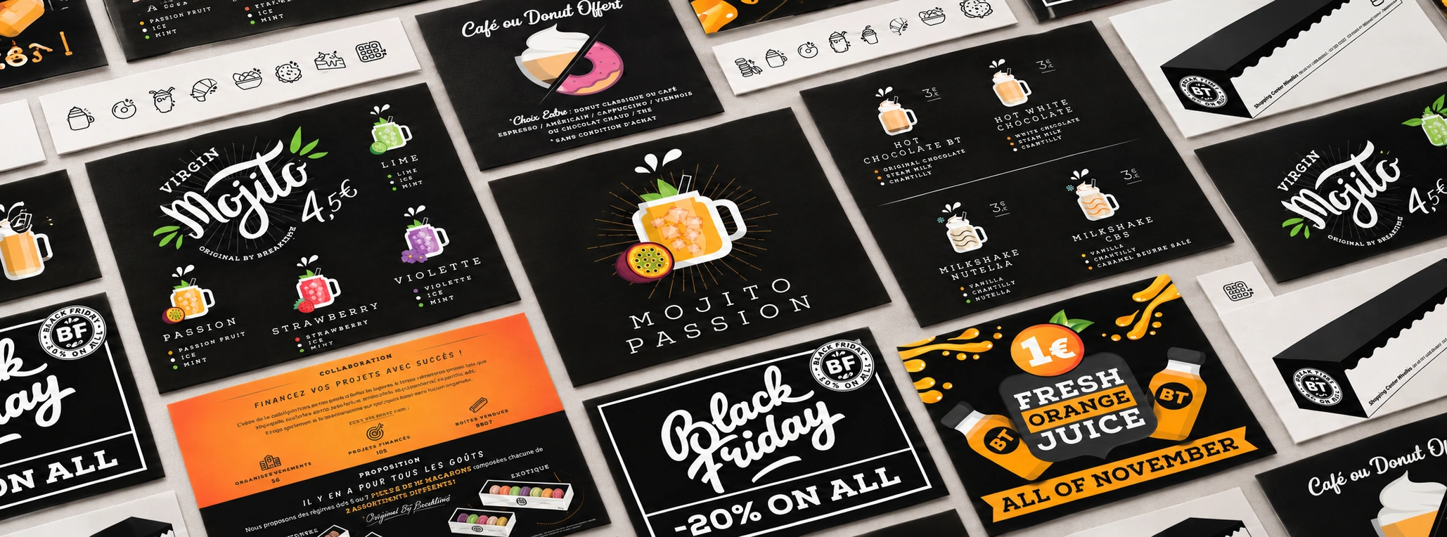 Composition panoramique des menus, illustrations et campagnes graphiques Break Time