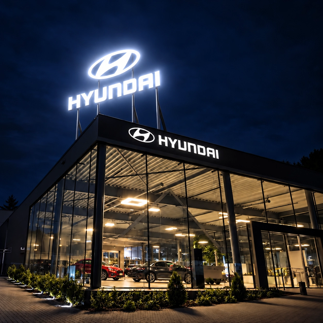 Enseignes lumineuses Hyundai à Chênée, de nuit.