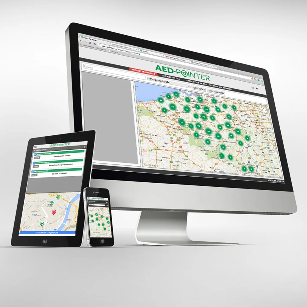 AED-Pointer — identité et site de localisation des défibrillateurs