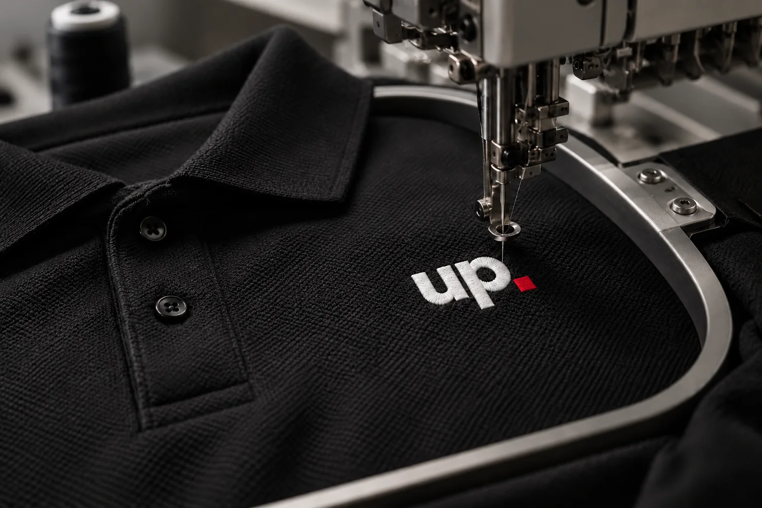 Polo noir UP Design : monogramme blanc et carré rouge brodés sous une machine à broder