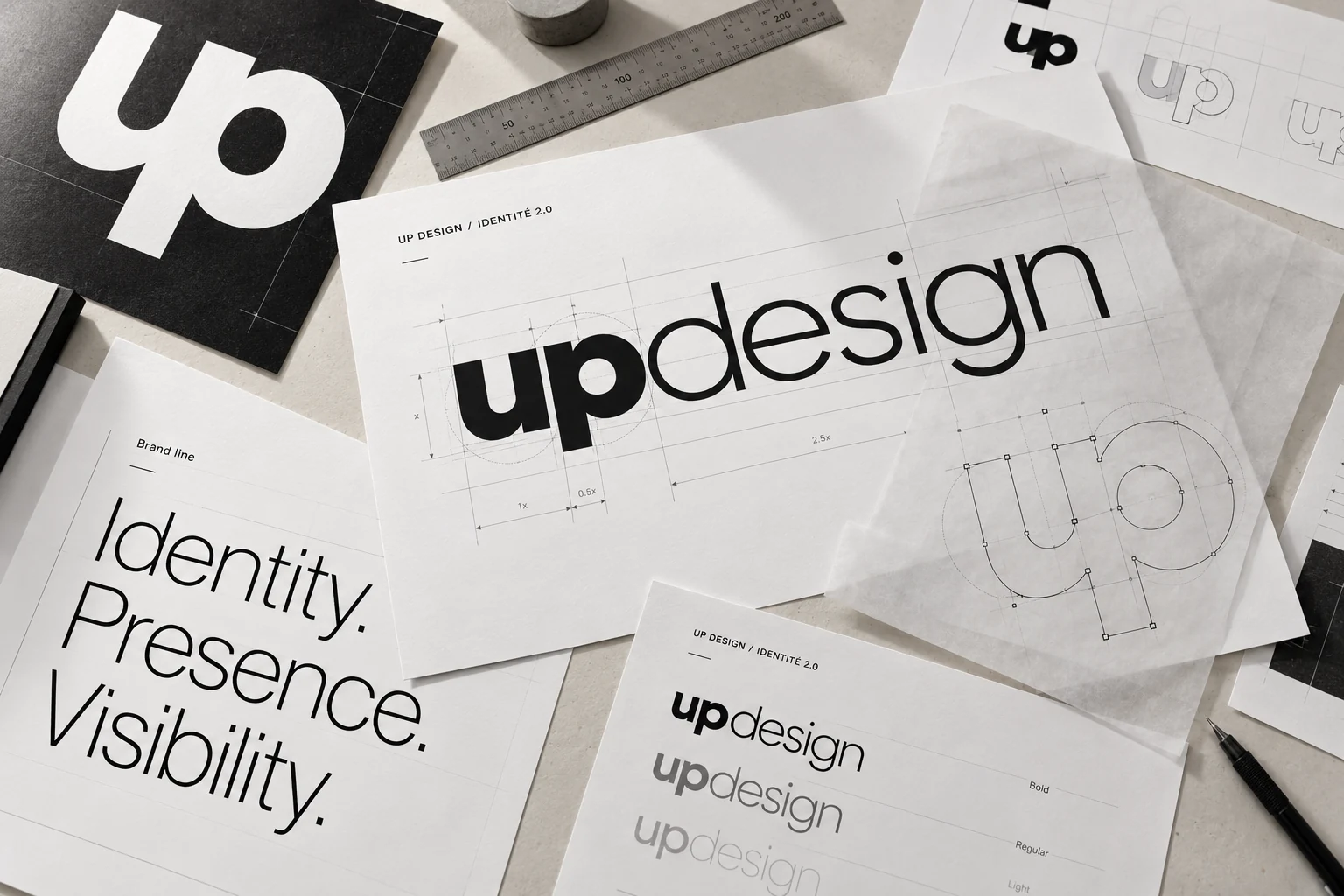 UP Design : étude du logo sur calque, repères et essais typographiques
