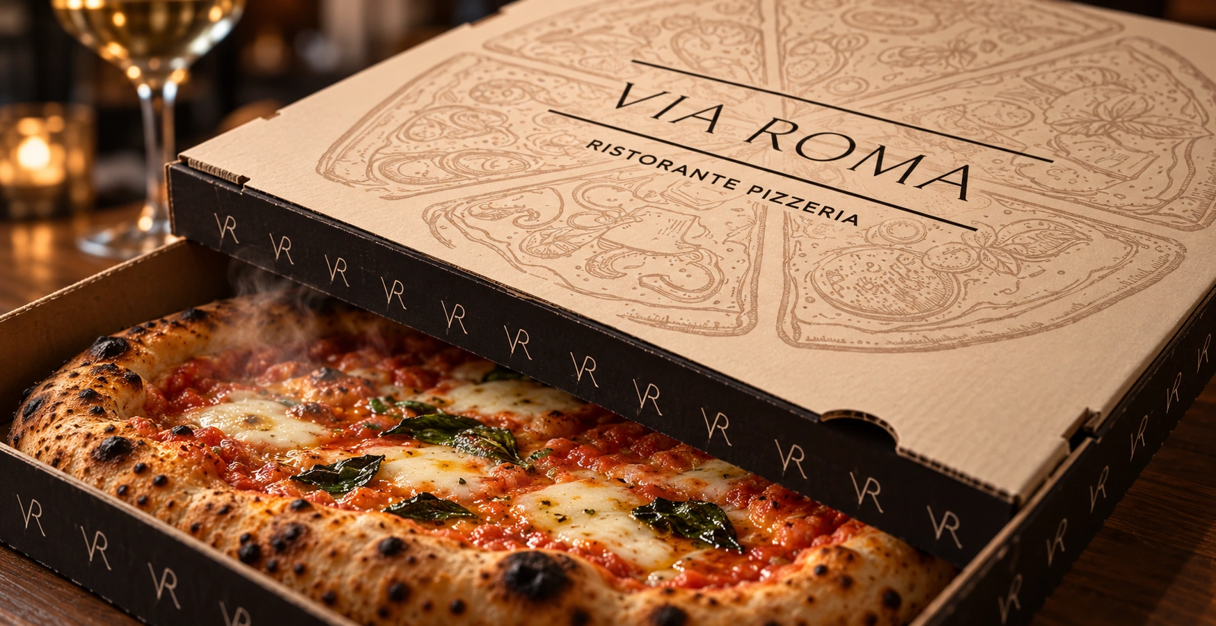 vr-pizza-produit Boîtes à pizza aux couleurs de Via Roma.